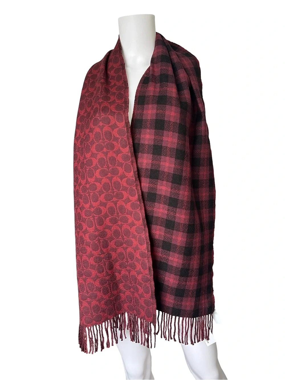 NEW Coach Scarf Reversible Signature Plaid Monogram Wool Fringe Oxblood - Picture 5 of 9